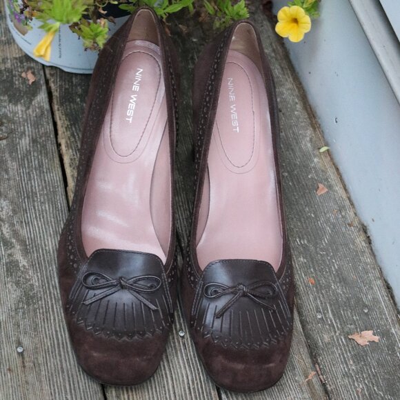 NEW Nine West Brown Suede & Leather w Keltie & Bow Block Spectator Heels Sz 10 - Picture 3 of 7